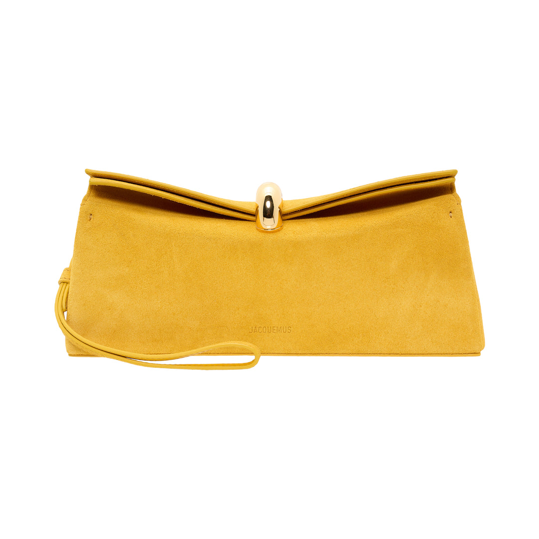 Jacquemus La Pochette Valerie clutch in mustard yellow suede with a domed gold-tone turnlock closure and slim wrist strap