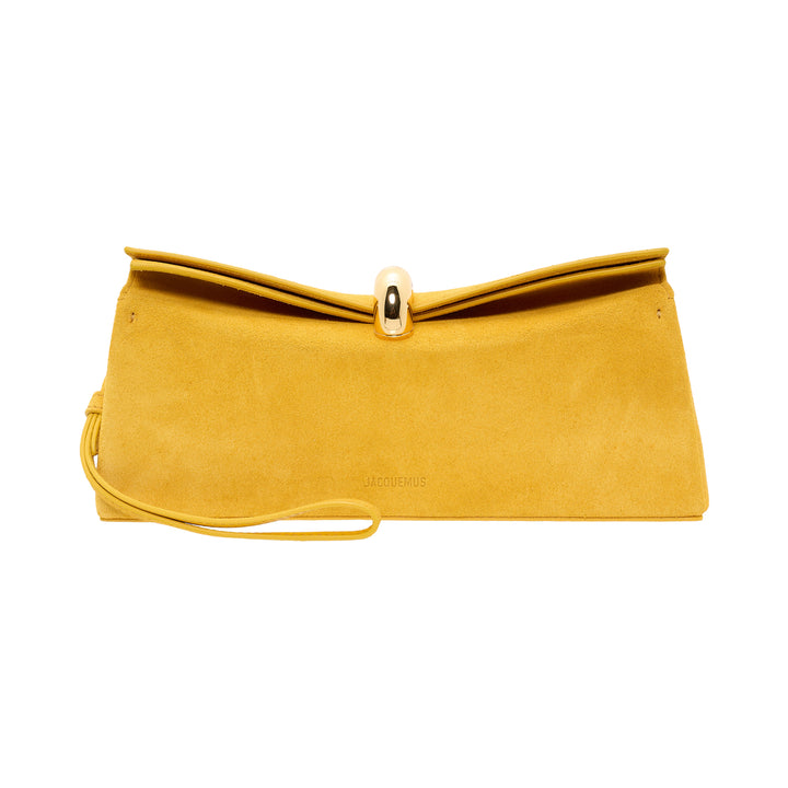 Jacquemus La Pochette Valerie clutch in mustard yellow suede with a domed gold-tone turnlock closure and slim wrist strap