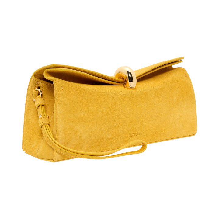 Jacquemus La Pochette Valerie clutch in mustard yellow suede with a domed gold-tone turnlock closure and slim wrist strap - view 2