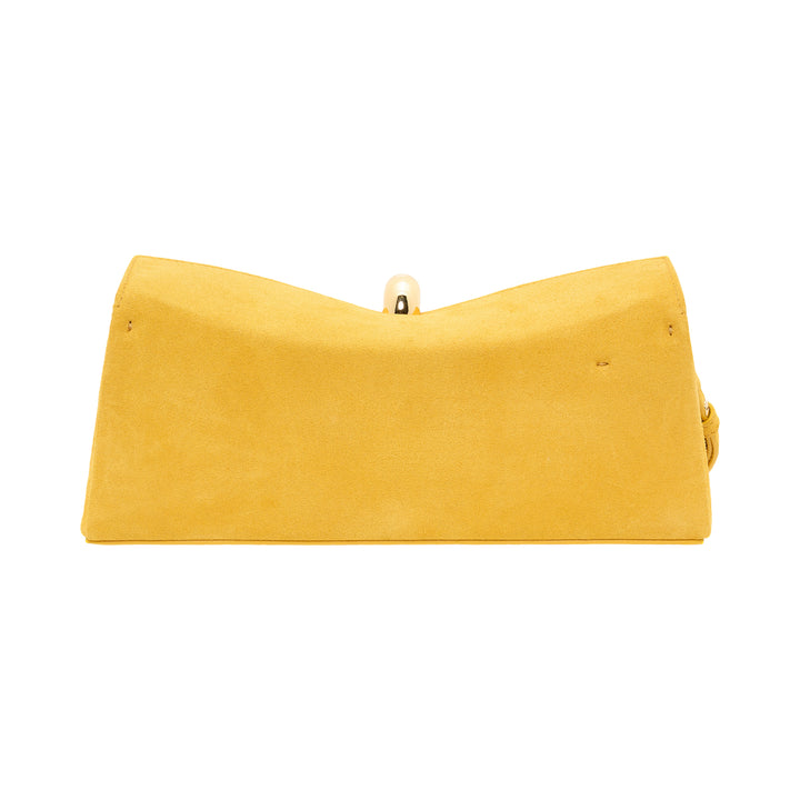 Jacquemus La Pochette Valerie clutch in mustard yellow suede with a domed gold-tone turnlock closure and slim wrist strap - view 3