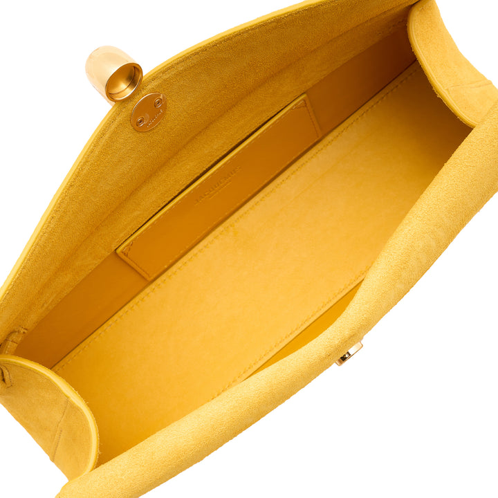 Jacquemus La Pochette Valerie clutch in mustard yellow suede with a domed gold-tone turnlock closure and slim wrist strap - view 4