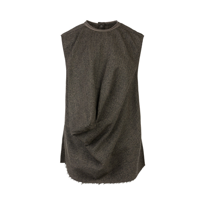 Rick Owens Subhuman sleeveless woven top in dark khaki mélange, featuring an asymmetric draped front panel, tonal crew neck binding, and raw frayed hem, displayed flat on a white background.