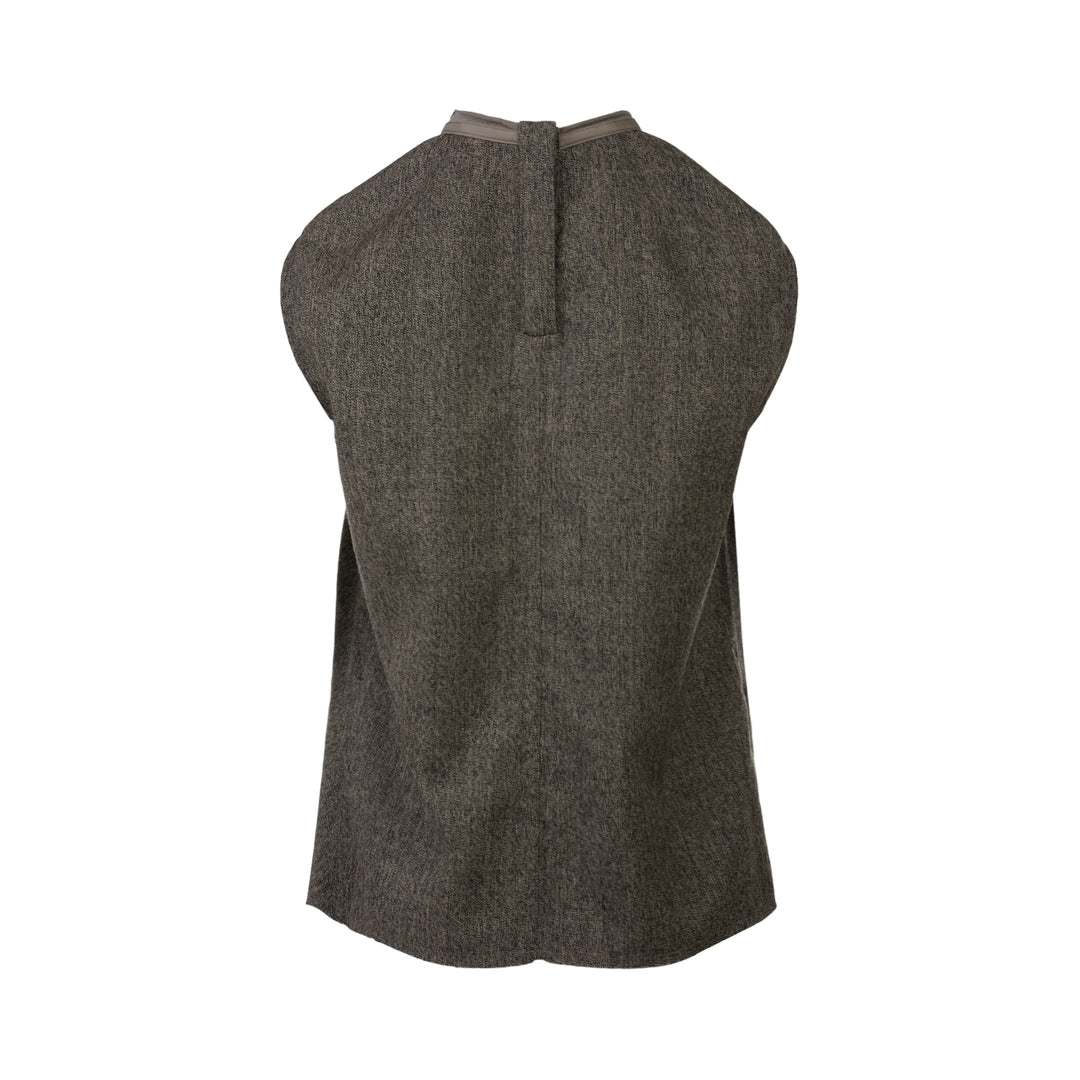 Rick Owens Subhuman sleeveless woven top in dark khaki mélange, featuring an asymmetric draped front panel, tonal crew neck binding, and raw frayed hem, displayed flat on a white background.