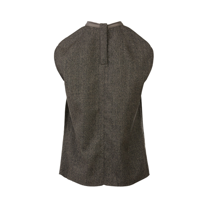 Rick Owens Subhuman sleeveless woven top in dark khaki mélange, featuring an asymmetric draped front panel, tonal crew neck binding, and raw frayed hem, displayed flat on a white background.