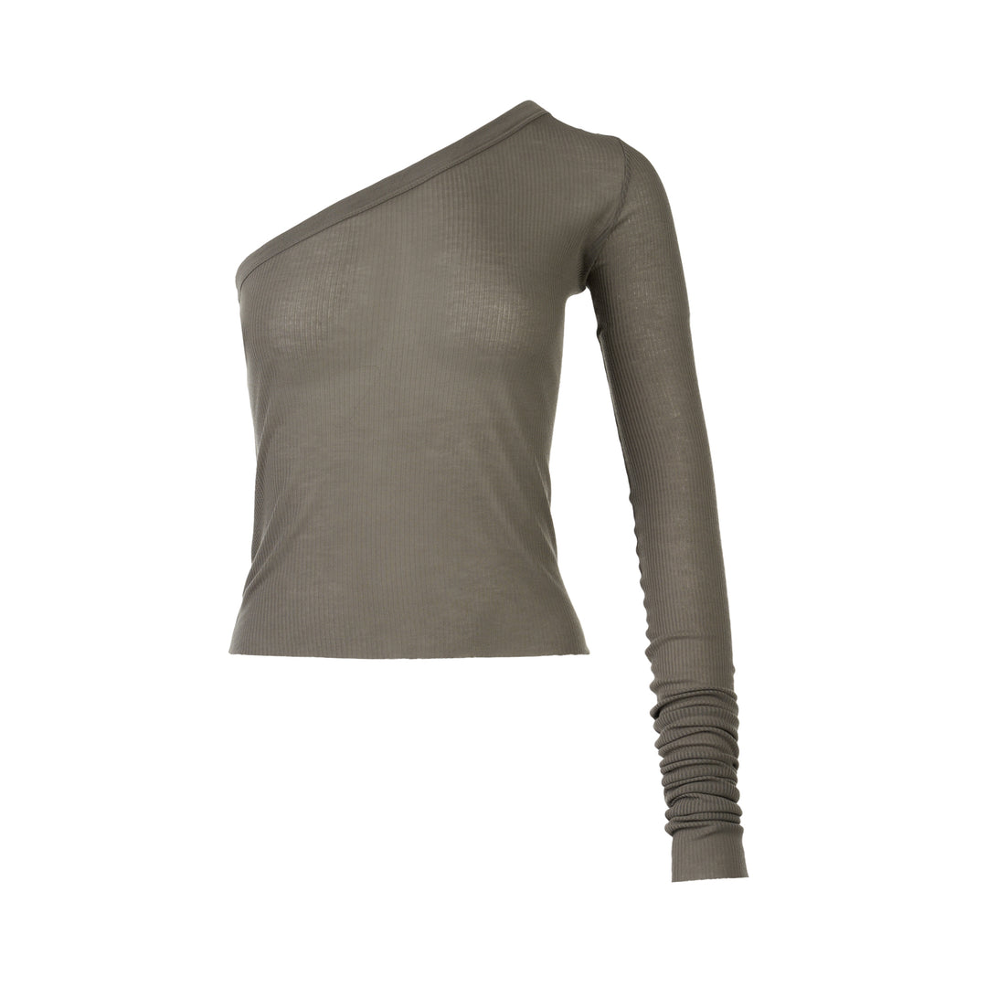 Rick Owens Ziggy black one-shoulder ribbed knit top with a single long ruched sleeve and cropped hem, photographed on a white background