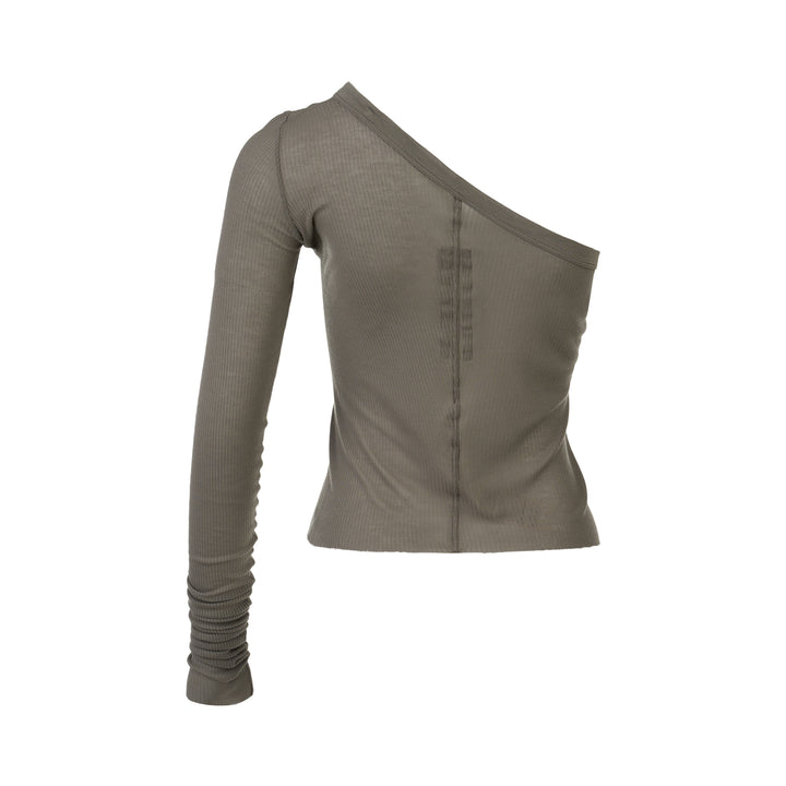 Rick Owens Ziggy black one-shoulder ribbed knit top with a single long ruched sleeve and cropped hem, photographed on a white background