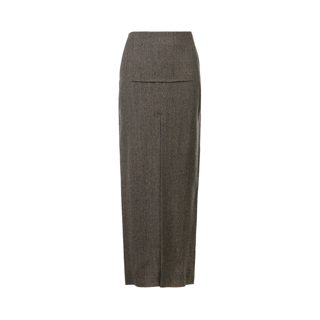 Rick Owens Sliced Maxi Skirt in heathered grey melange, featuring a wide structured waistband and a front centre vent, elongated column silhouette, product flat shot on white background