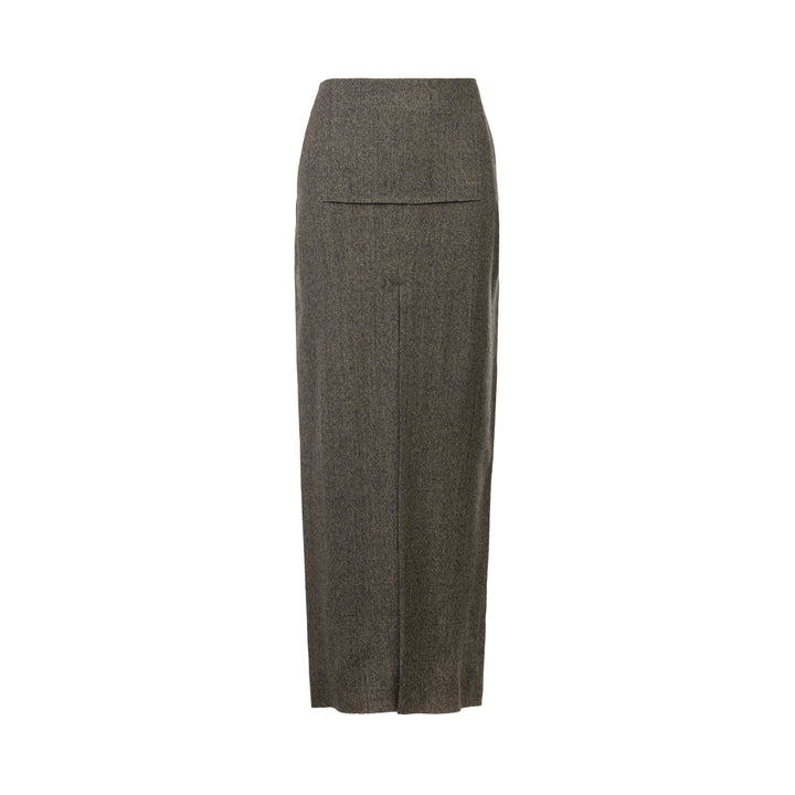 Rick Owens Sliced Maxi Skirt in heathered grey melange, featuring a wide structured waistband and a front centre vent, elongated column silhouette, product flat shot on white background