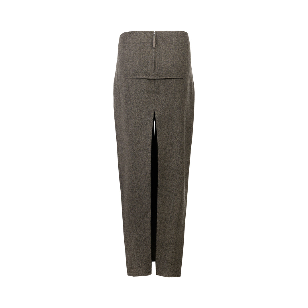 Rick Owens Sliced Maxi Skirt in heathered grey melange, featuring a wide structured waistband and a front centre vent, elongated column silhouette, product flat shot on white background