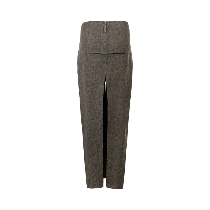 Rick Owens Sliced Maxi Skirt in heathered grey melange, featuring a wide structured waistband and a front centre vent, elongated column silhouette, product flat shot on white background