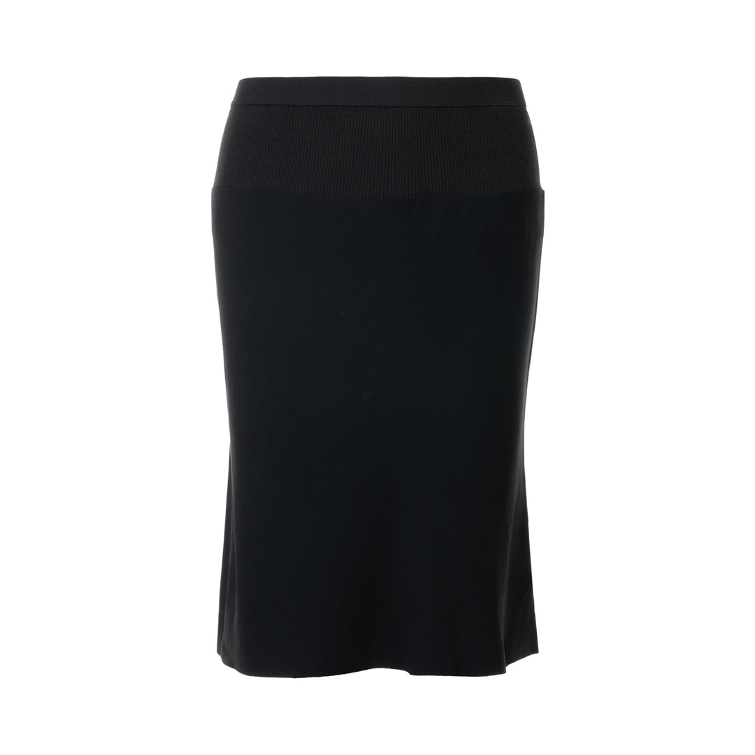 Rick Owens Short Bias Skirt in black, featuring a wide ribbed waistband and fluid bias-cut A-line silhouette, photographed flat on a white background