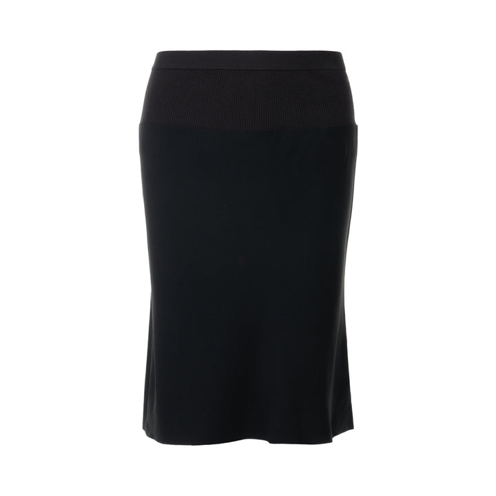 Rick Owens Short Bias Skirt in black, featuring a wide ribbed waistband and fluid bias-cut A-line silhouette, photographed flat on a white background