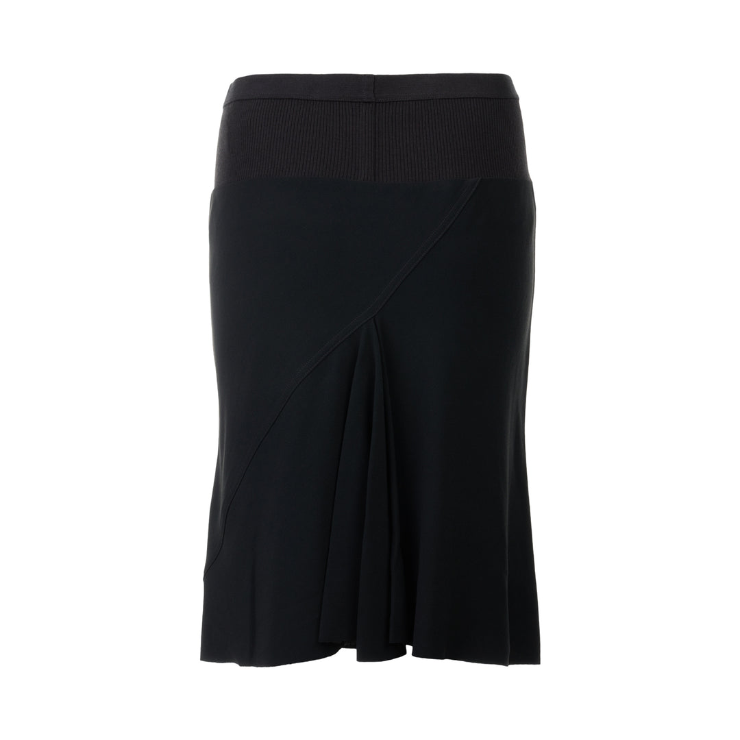 Rick Owens Short Bias Skirt in black, featuring a wide ribbed waistband and fluid bias-cut A-line silhouette, photographed flat on a white background