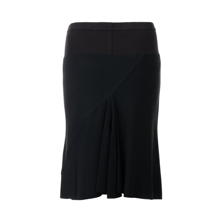 Rick Owens Short Bias Skirt in black, featuring a wide ribbed waistband and fluid bias-cut A-line silhouette, photographed flat on a white background