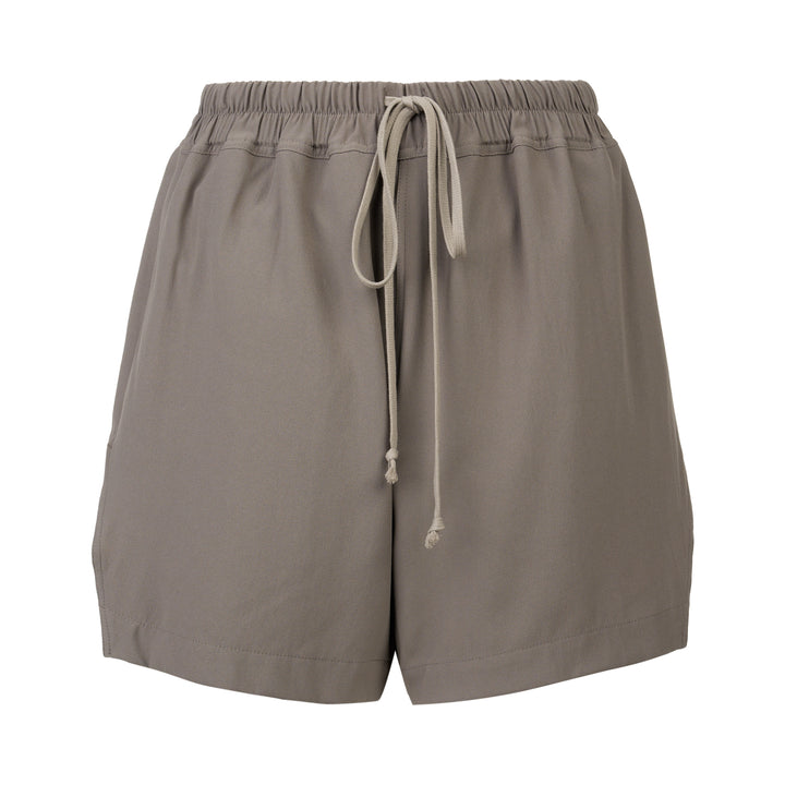 Rick Owens black boxer shorts with elasticated waistband, contrast ecru rope drawstring, and relaxed voluminous silhouette, photographed on a white background
