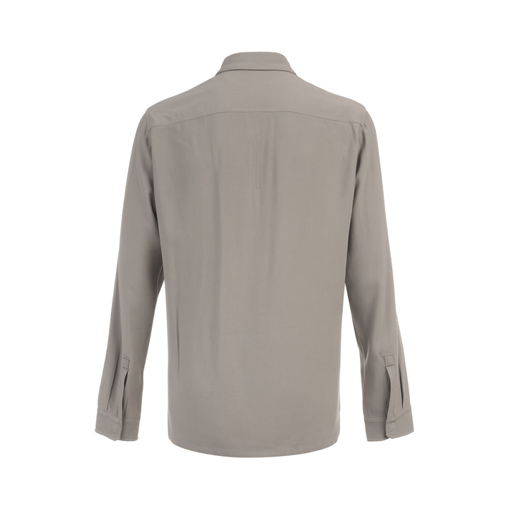 Rick Owens Heavy Cady Long Sleeve Outershirt in taupe-grey with concealed snap placket, dual flap chest pockets, and oversized silhouette - view 2