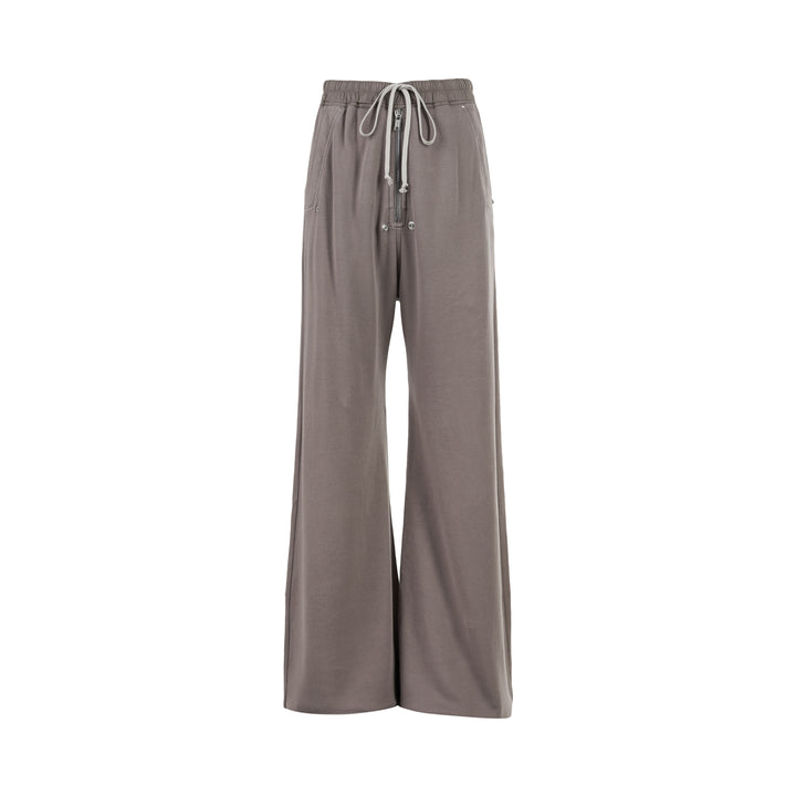 Rick Owens Wide Bela Pants in taupe grey with elasticated drawstring waist, zip-front detail and wide-leg silhouette, shown from the front