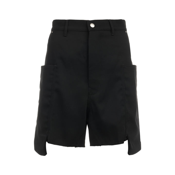 Rick Owens Stefan Cargo Twisted Shorts in black, featuring oversized patch pockets, raw-hem leg openings, and a silver snap button fastening at the waistband