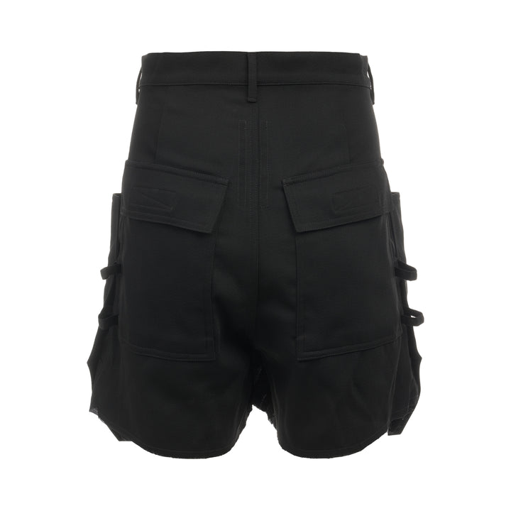 Rick Owens Stefan Cargo Twisted Shorts in black, featuring oversized patch pockets, raw-hem leg openings, and a silver snap button fastening at the waistband - view 2