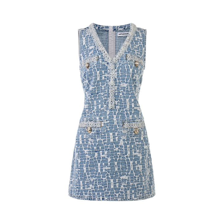 Self-Portrait blue crocodile-effect jacquard denim mini dress with pearl-trimmed V-neckline, gold-tone embossed buttons, and embellished hip pockets