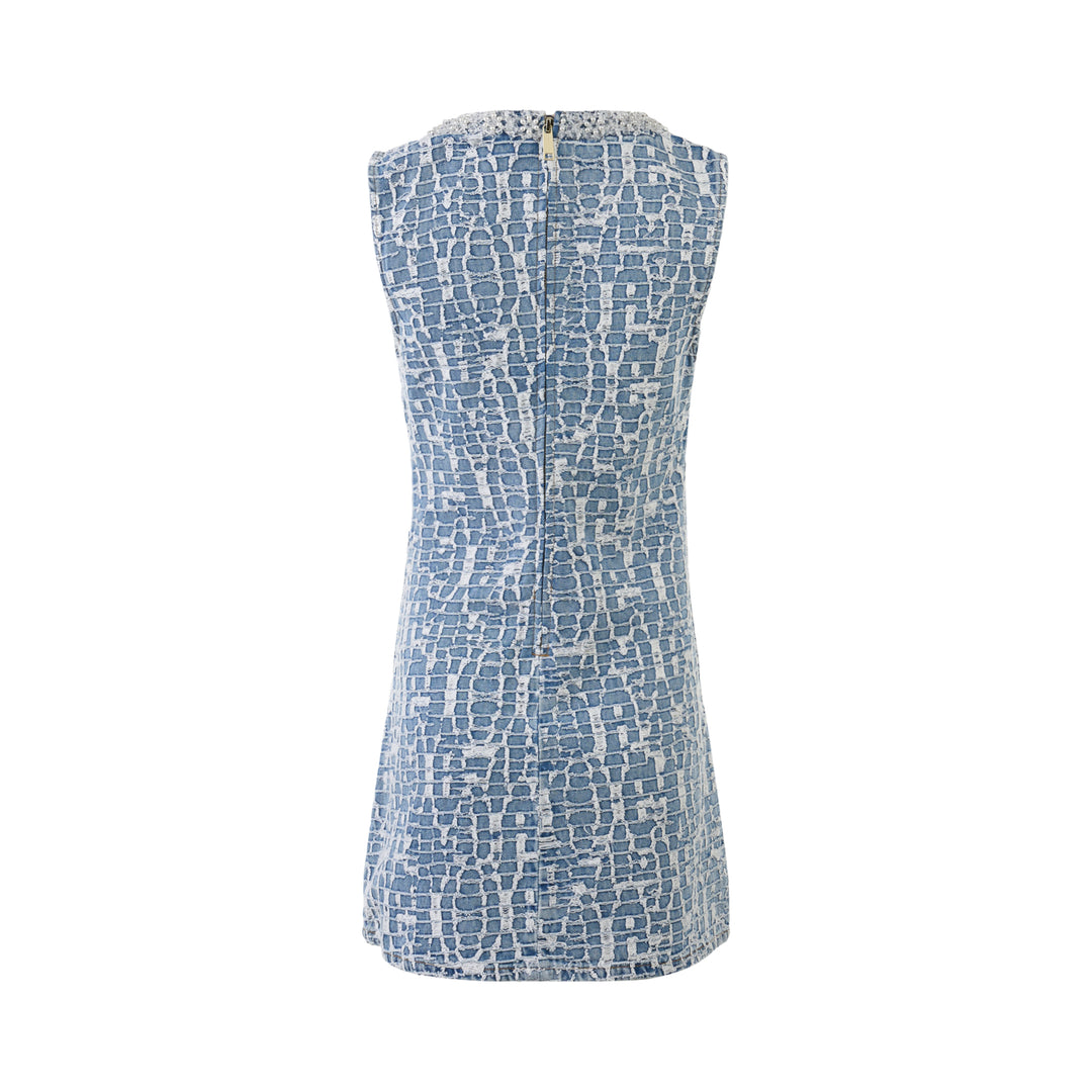 Self-Portrait blue crocodile-effect jacquard denim mini dress with pearl-trimmed V-neckline, gold-tone embossed buttons, and embellished hip pockets