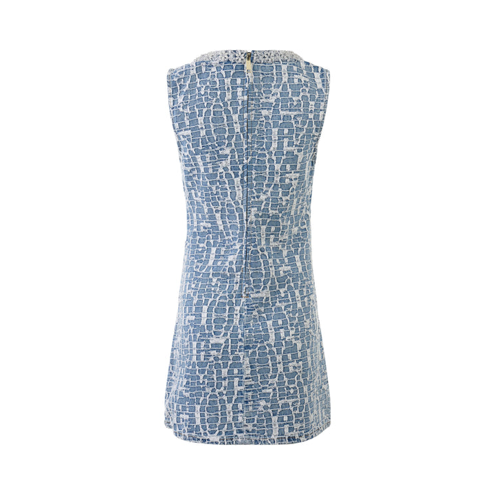 Self-Portrait blue crocodile-effect jacquard denim mini dress with pearl-trimmed V-neckline, gold-tone embossed buttons, and embellished hip pockets