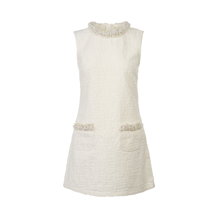 Cream Textured Pearl Trim Mini Dress