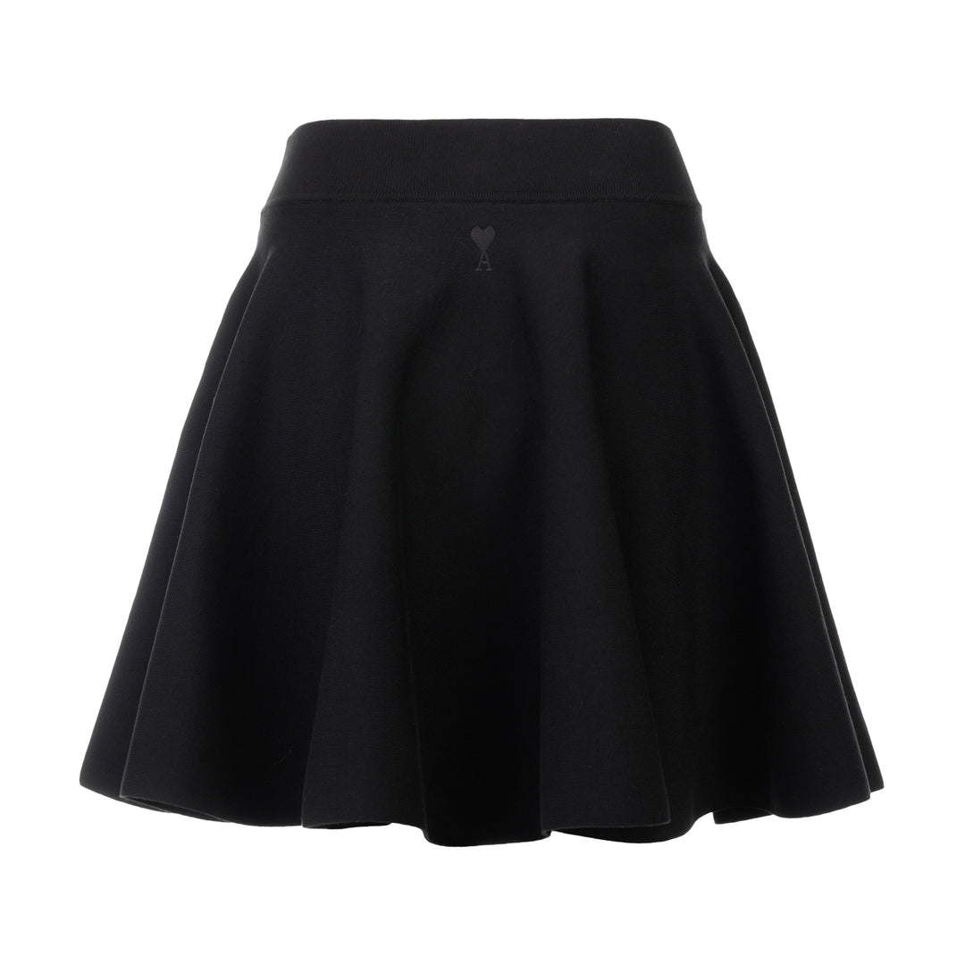 AMI Godet Short Skirt in black, featuring a full circular flared silhouette and wide ribbed waistband, displayed on a white background