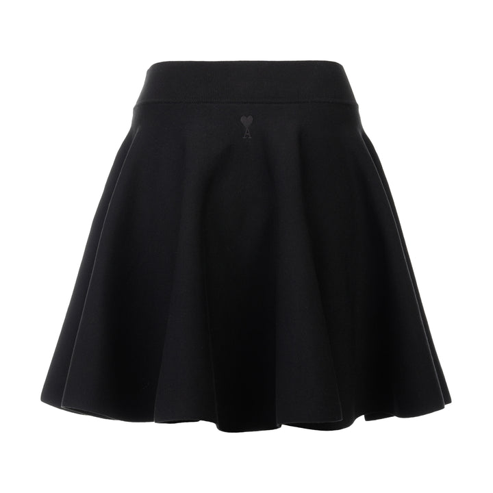 AMI Godet Short Skirt in black, featuring a full circular flared silhouette and wide ribbed waistband, displayed on a white background