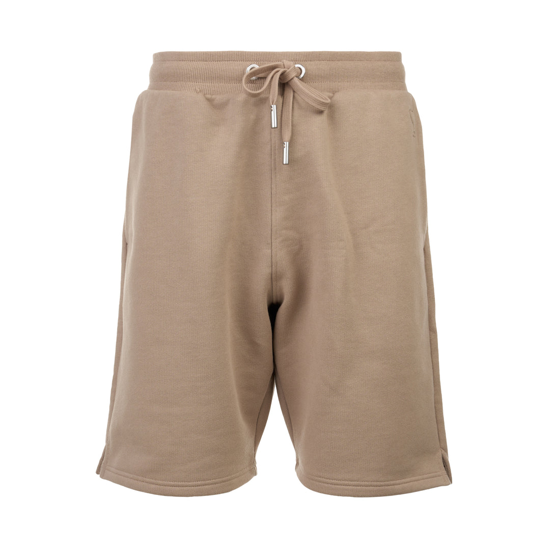 AMI Tonal Emboss Shorts in taupe cotton fleece with drawstring waistband, silver-tone aglets, and subtle logo emboss detail, laid flat on white background