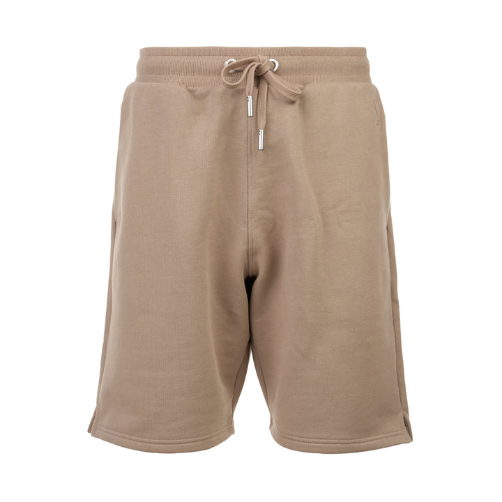 AMI Tonal Emboss Shorts in taupe cotton fleece with drawstring waistband, silver-tone aglets, and subtle logo emboss detail, laid flat on white background