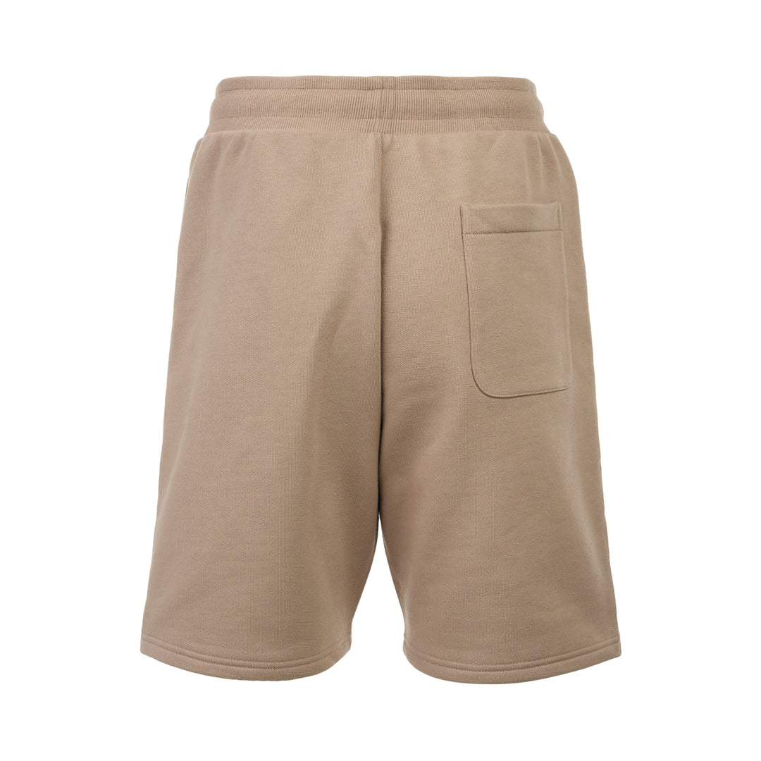 AMI Tonal Emboss Shorts in taupe cotton fleece with drawstring waistband, silver-tone aglets, and subtle logo emboss detail, laid flat on white background