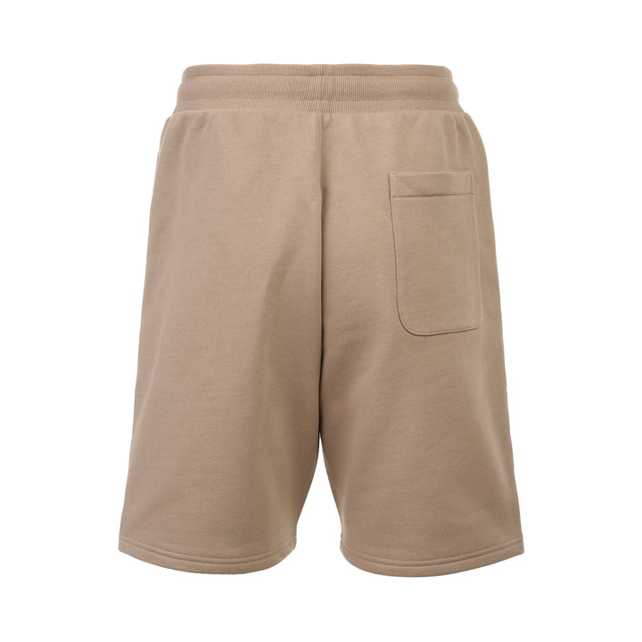 AMI Tonal Emboss Shorts in taupe cotton fleece with drawstring waistband, silver-tone aglets, and subtle logo emboss detail, laid flat on white background