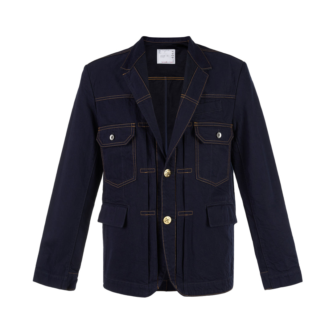 sacai indigo denim blazer jacket with notched lapels, contrast golden topstitching, flap chest pockets and gold anchor buttons