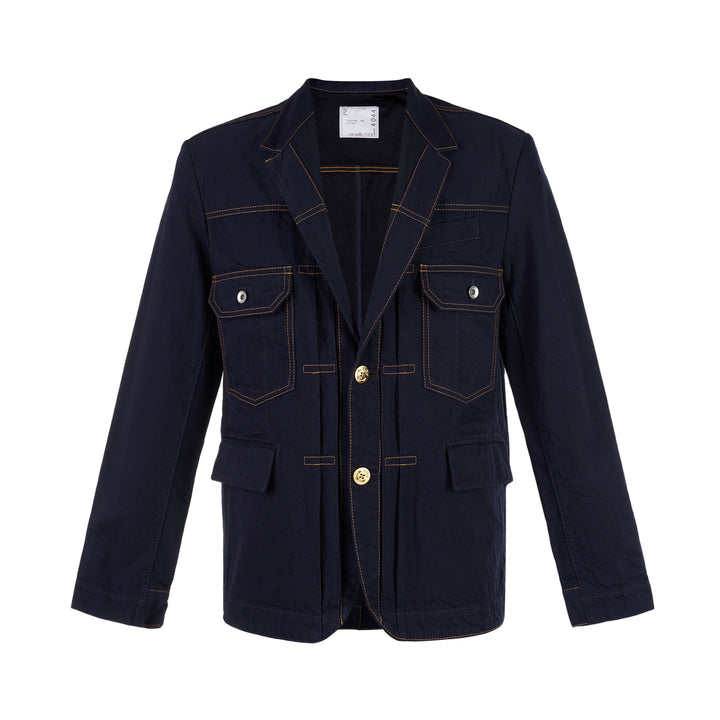 sacai indigo denim blazer jacket with notched lapels, contrast golden topstitching, flap chest pockets and gold anchor buttons