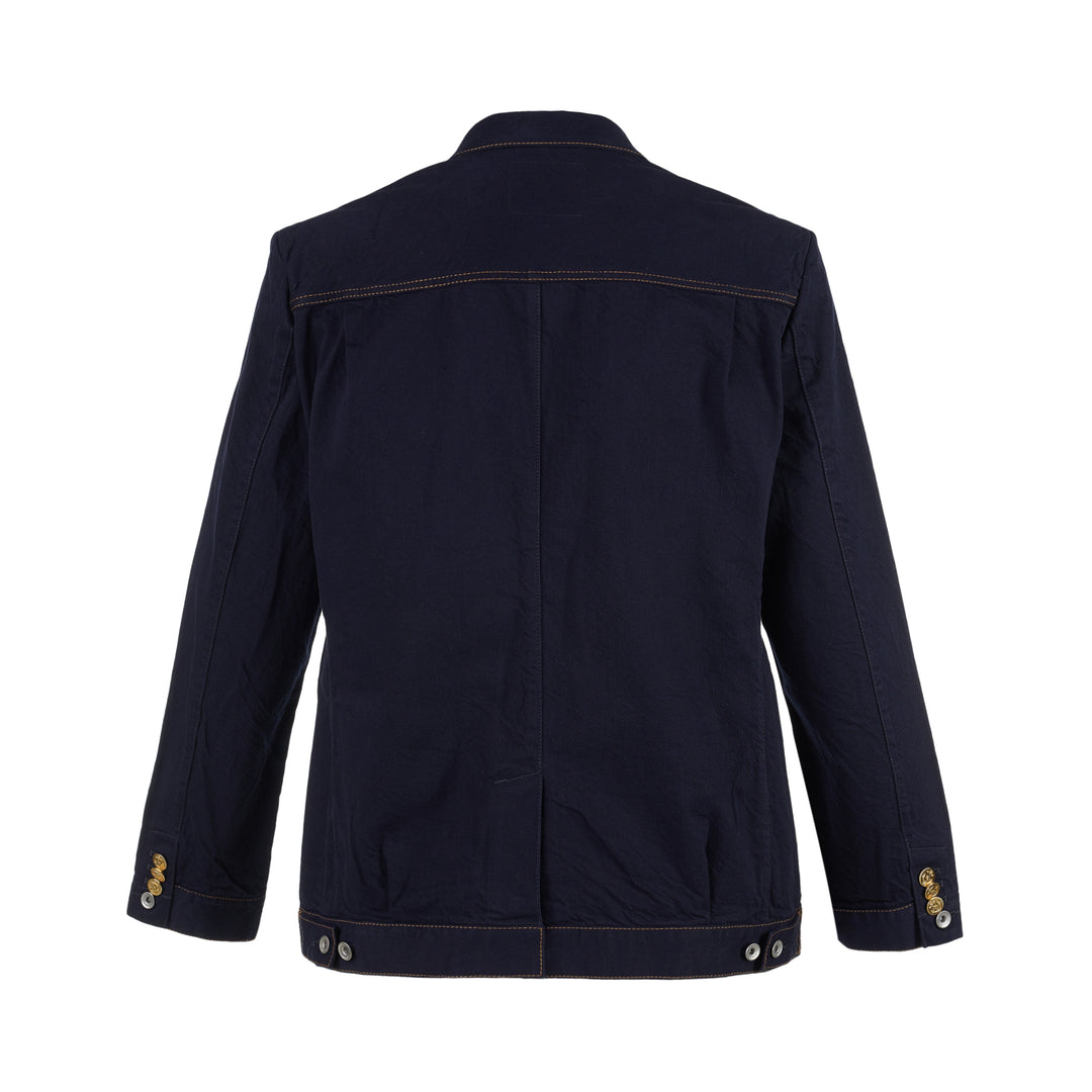 sacai indigo denim blazer jacket with notched lapels, contrast golden topstitching, flap chest pockets and gold anchor buttons - view 2