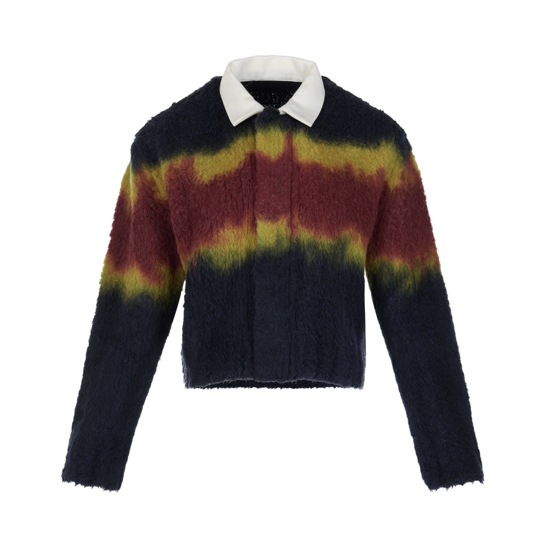 sacai Chusen-Dyed Knit Cardigan in navy brushed knit with olive and burgundy gradient bands and a white collar