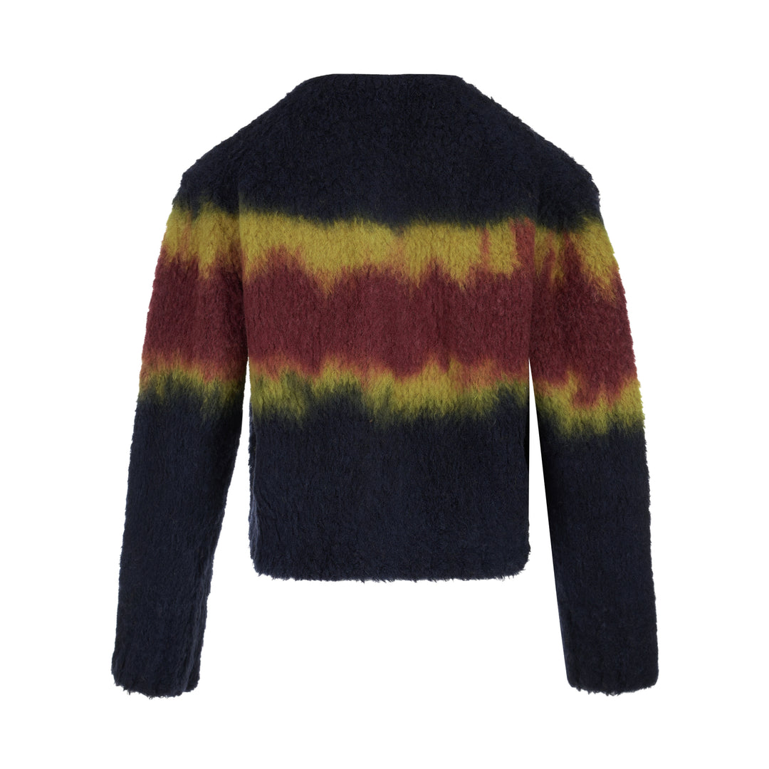 sacai Chusen-Dyed Knit Cardigan in navy brushed knit with olive and burgundy gradient bands and a white collar - view 2