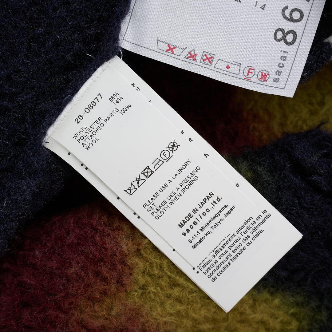 sacai Chusen-Dyed Knit Cardigan in navy brushed knit with olive and burgundy gradient bands and a white collar - view 3