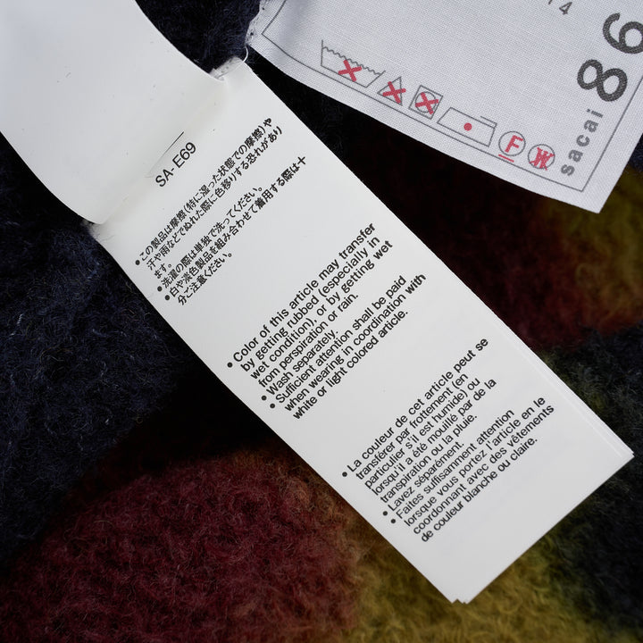 sacai Chusen-Dyed Knit Cardigan in navy brushed knit with olive and burgundy gradient bands and a white collar - view 5