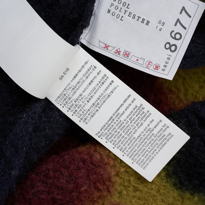 sacai Chusen-Dyed Knit Cardigan in navy brushed knit with olive and burgundy gradient bands and a white collar - view 6