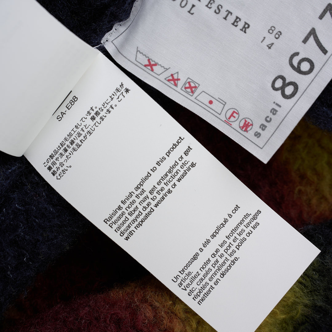 sacai Chusen-Dyed Knit Cardigan in navy brushed knit with olive and burgundy gradient bands and a white collar - view 8