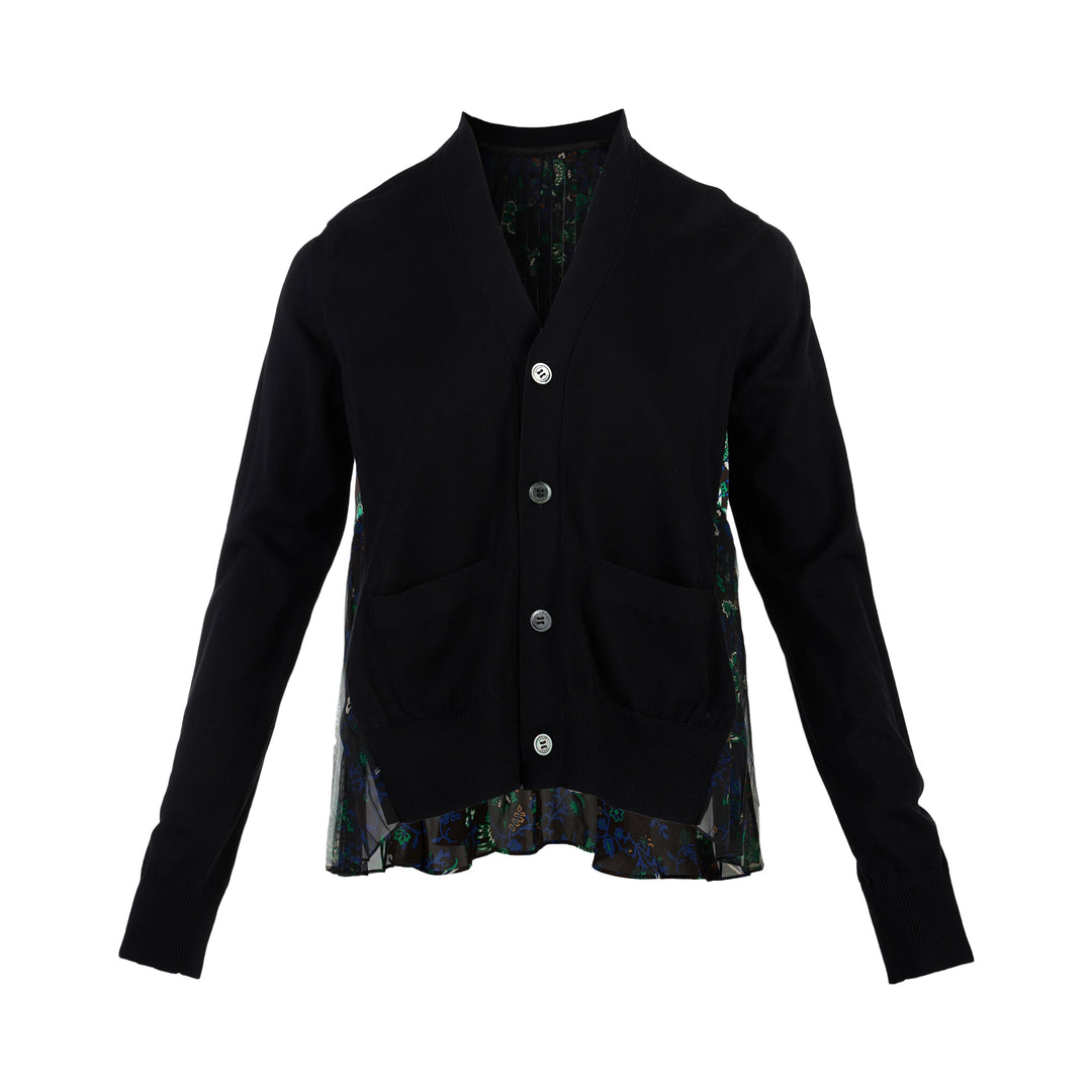 sacai black cotton knit cardigan with V-neckline, button front, patch pockets and a pleated sheer floral-print back panel