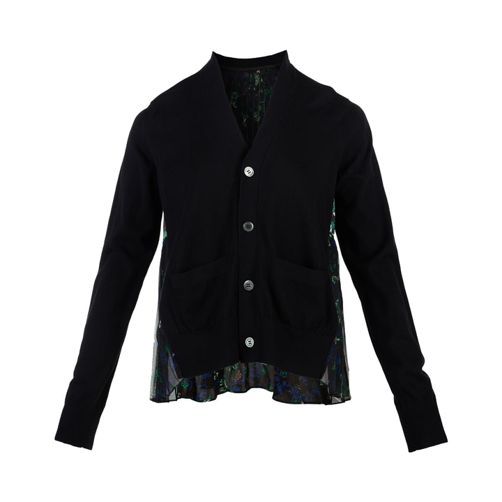 sacai black cotton knit cardigan with V-neckline, button front, patch pockets and a pleated sheer floral-print back panel