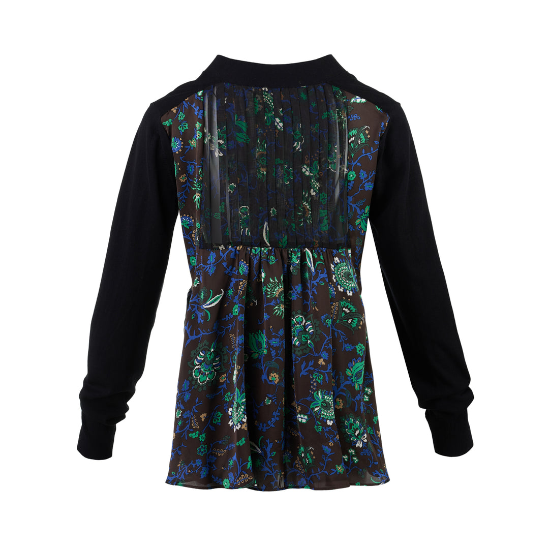 sacai black cotton knit cardigan with V-neckline, button front, patch pockets and a pleated sheer floral-print back panel - view 2