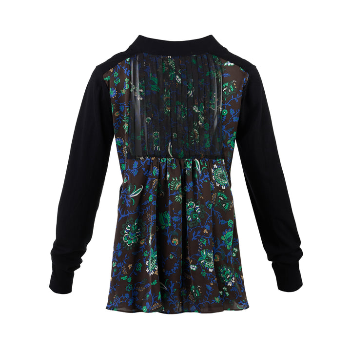 sacai black cotton knit cardigan with V-neckline, button front, patch pockets and a pleated sheer floral-print back panel - view 2