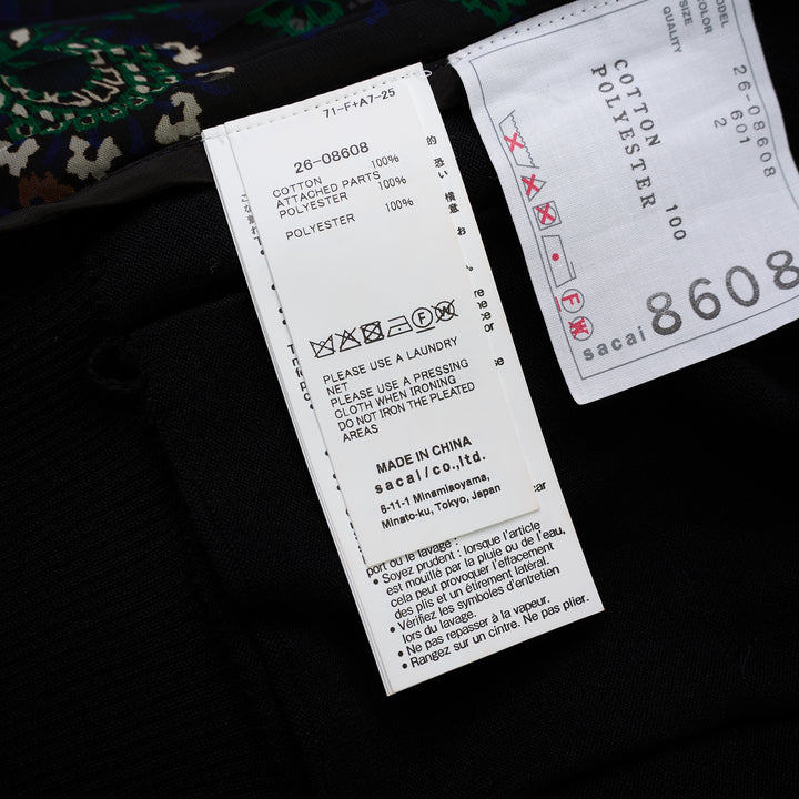 sacai black cotton knit cardigan with V-neckline, button front, patch pockets and a pleated sheer floral-print back panel - view 3