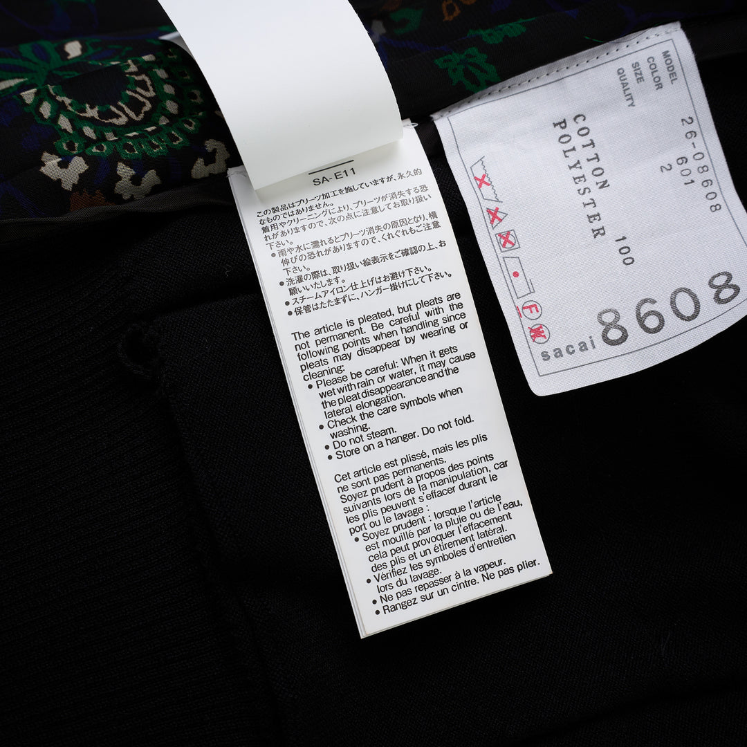sacai black cotton knit cardigan with V-neckline, button front, patch pockets and a pleated sheer floral-print back panel - view 4