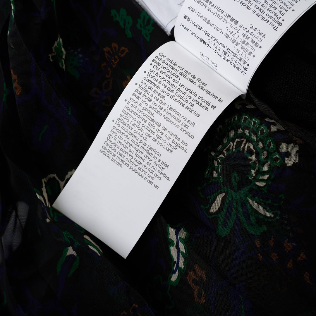 sacai black cotton knit cardigan with V-neckline, button front, patch pockets and a pleated sheer floral-print back panel - view 6
