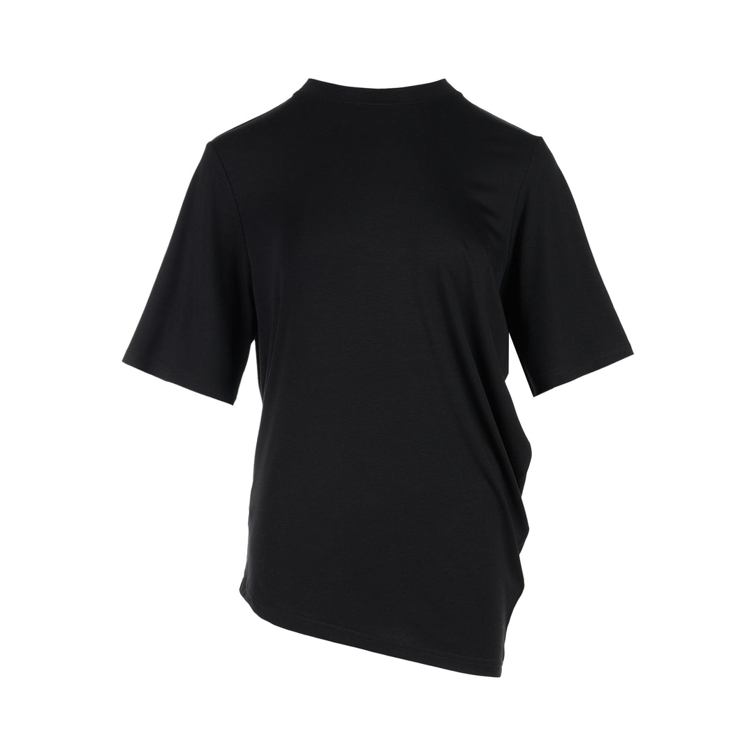 Black short-sleeve crew neck jersey tee with gathered side draping and an asymmetric hem, shown flat against a white background